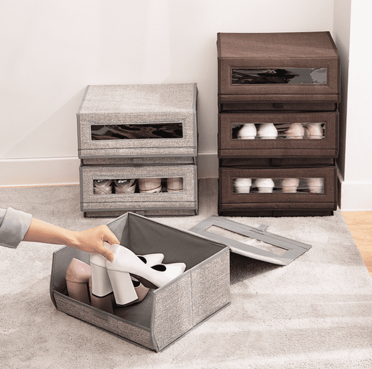 Grey Fabric Stackable Shoes Bin Box Organizer.